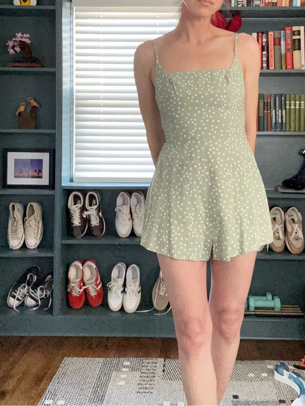 Sage Green Clover-Print Romper with Square Neck